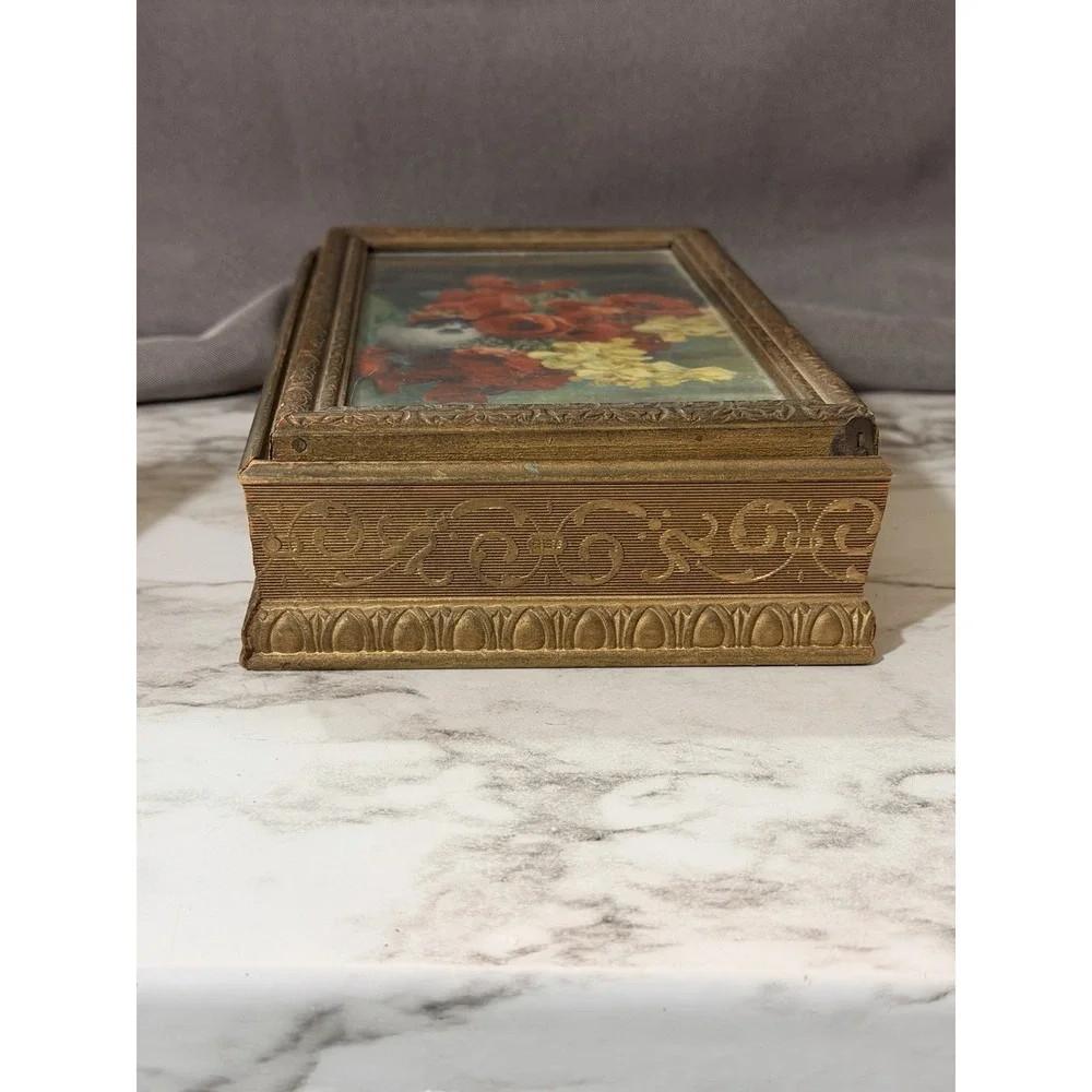Really Old Wooden Jewelry Box With Mirror Floral Glass Top (A3195)